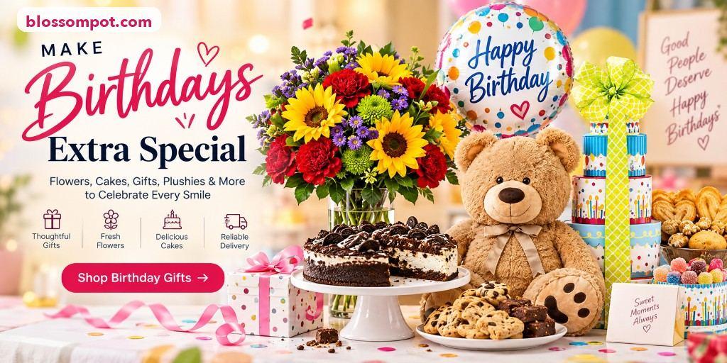 Birthday gifts from blossompot.com — flowers, cakes, plushies and more