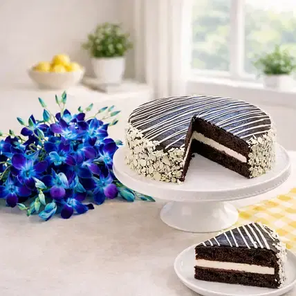 Black & White Mousse Cake With Orchids Gift
